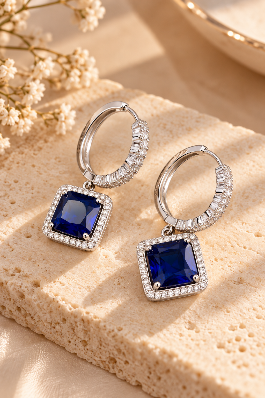Blue Square Halo Drop Earrings
