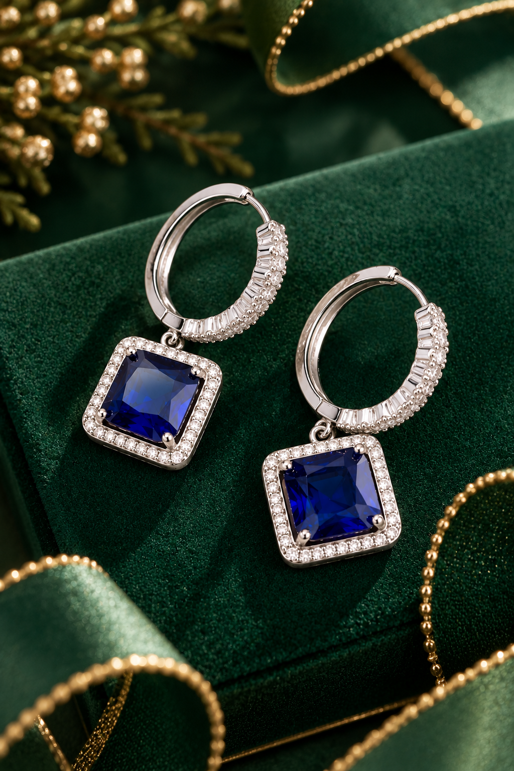 Blue Square Halo Drop Earrings