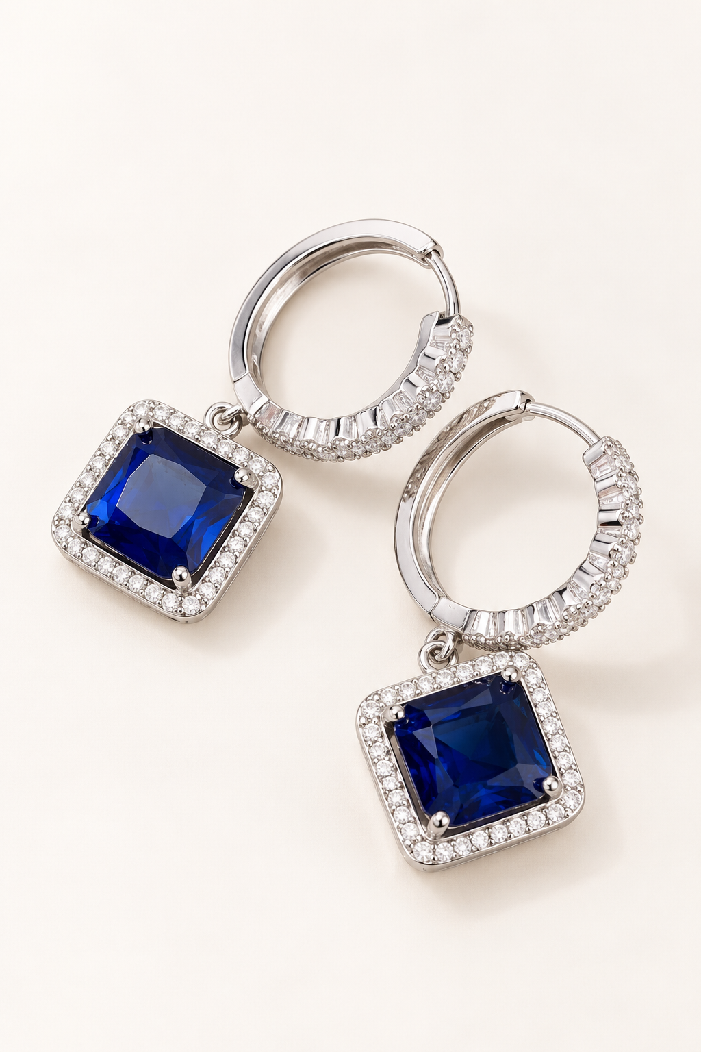 Blue Square Halo Drop Earrings