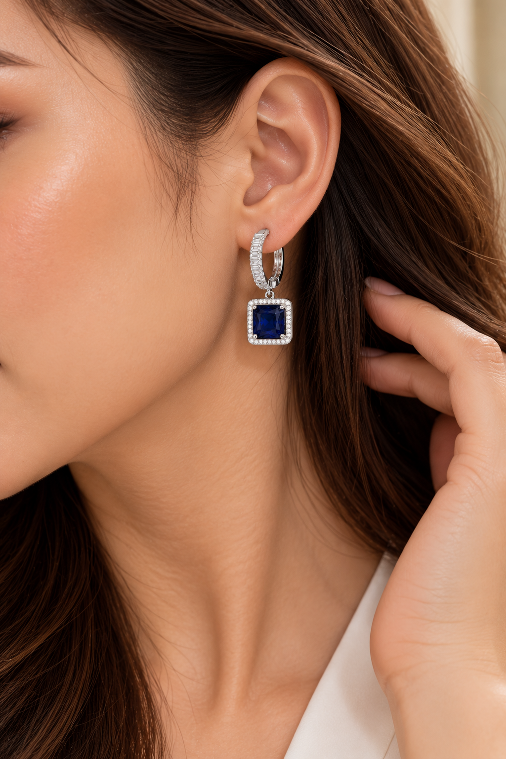 Blue Square Halo Drop Earrings