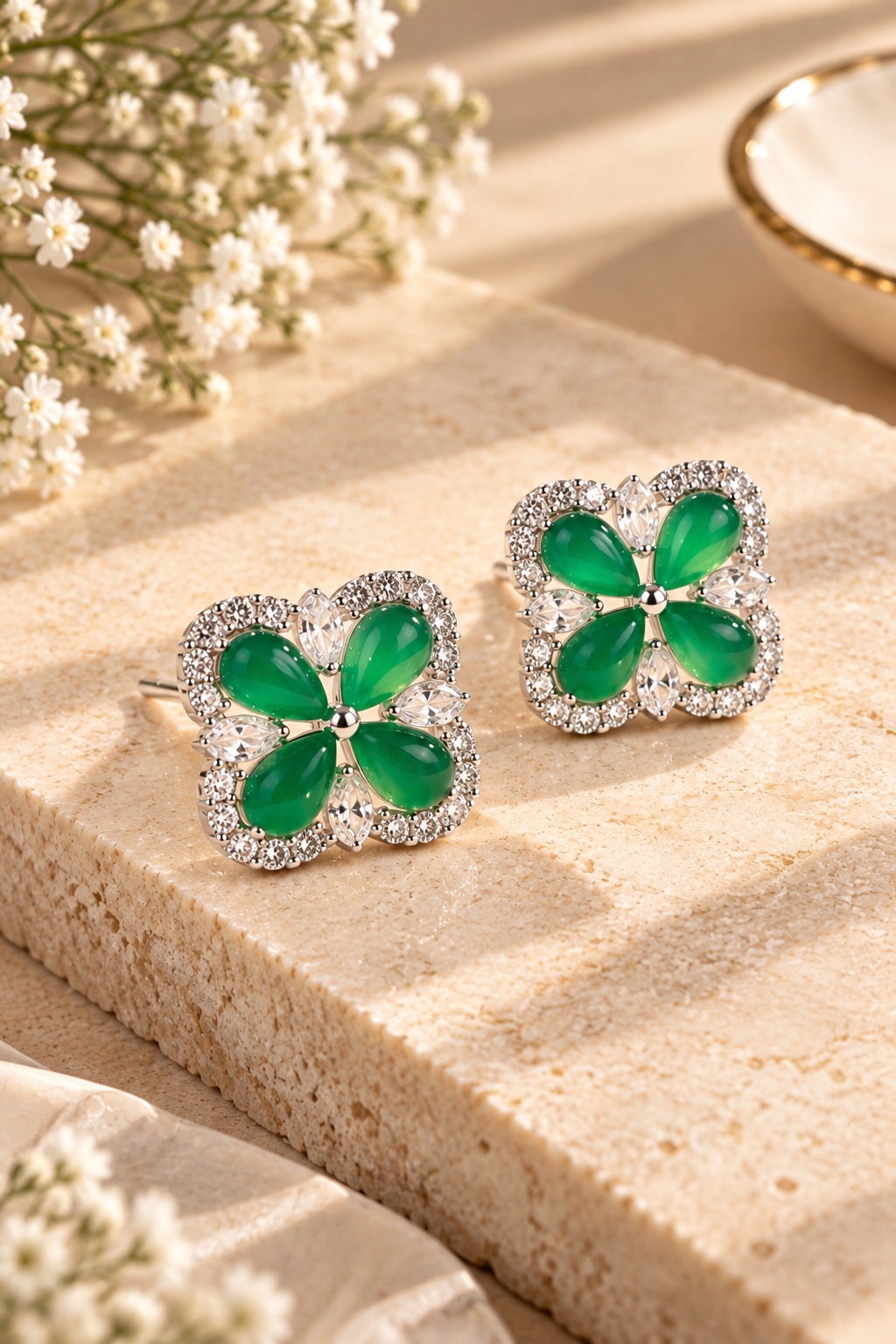 Emerald Green Clover Stud Earrings