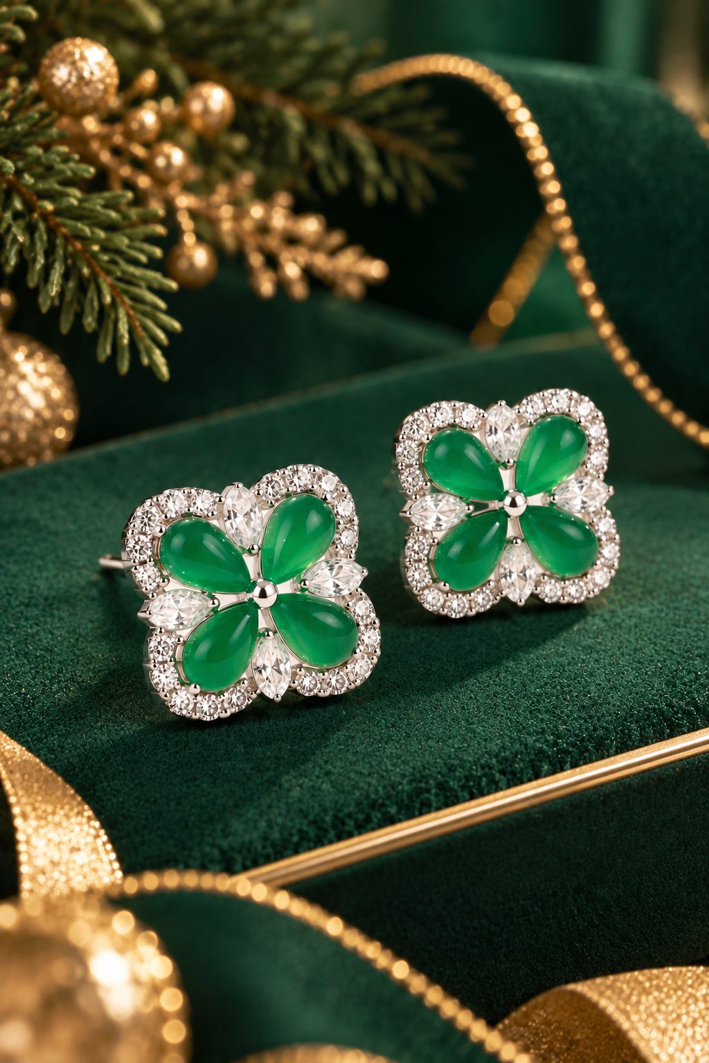 Emerald Green Clover Stud Earrings