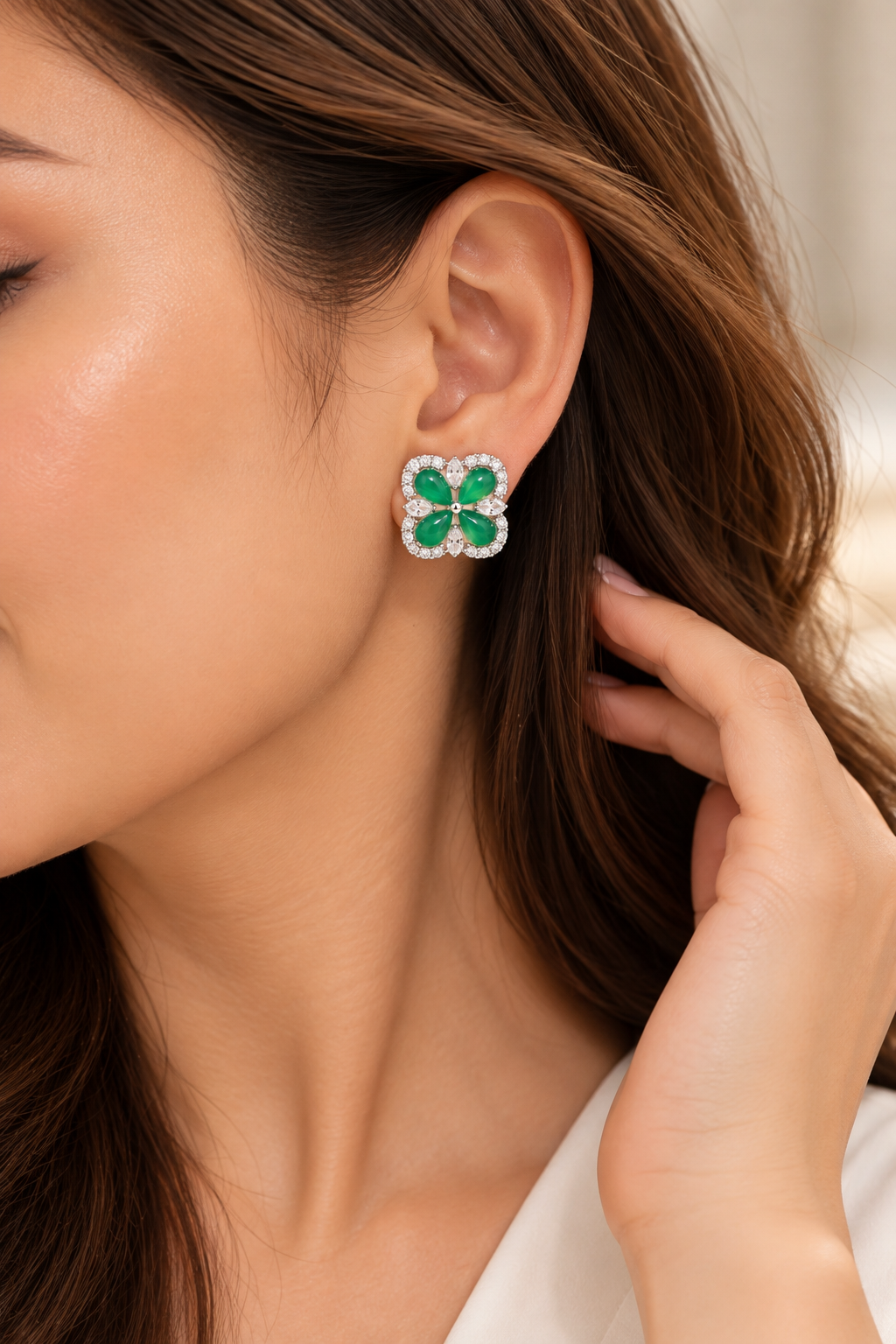 Emerald Green Clover Stud Earrings