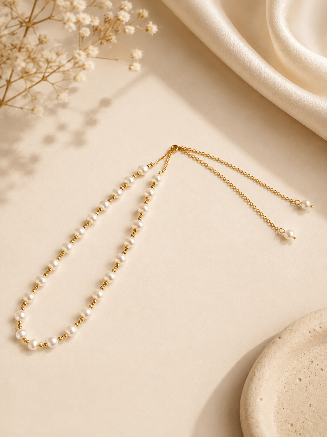 Pearl necklace on a beige surface with dried flowers