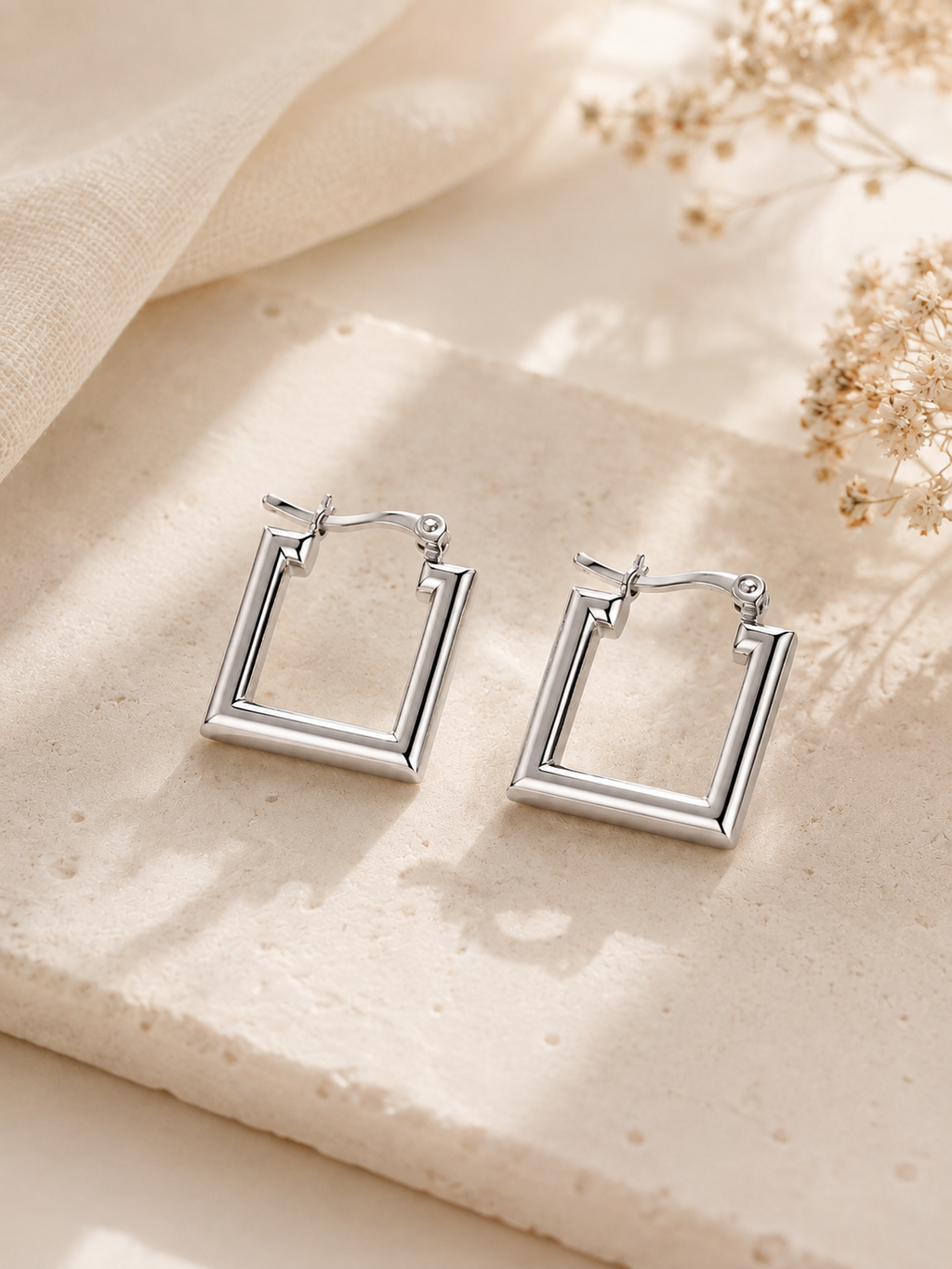 Square Hoop White Gold Earrings