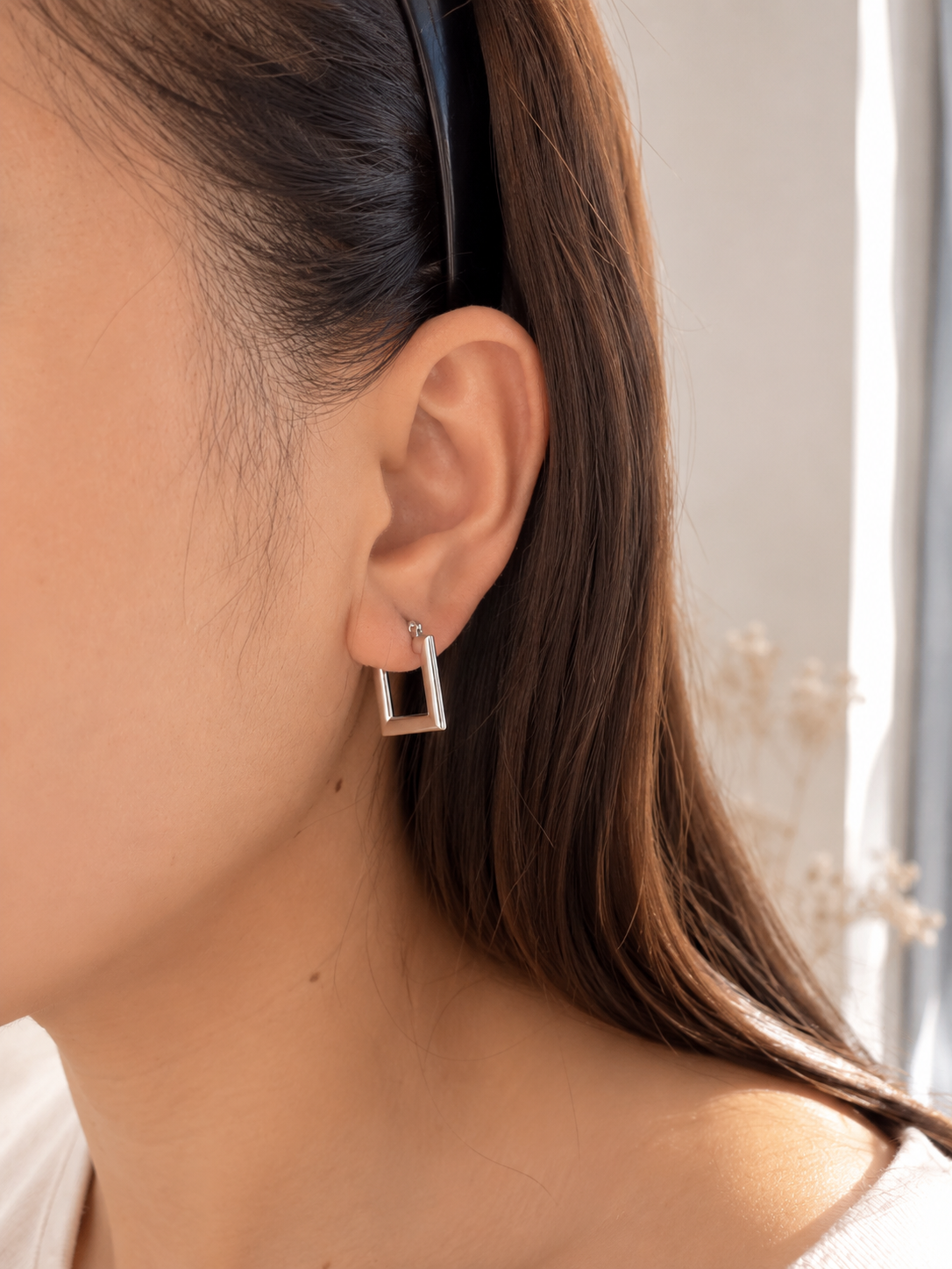 Square Hoop White Gold Earrings